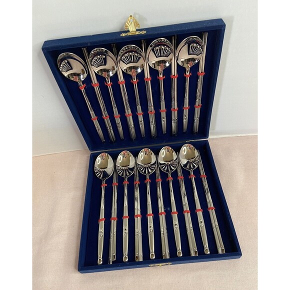 Vtg  Stainless Steel Soup Spoons &  Chopsticks Velvet Case Set of 10 Each - Picture 4 of 11